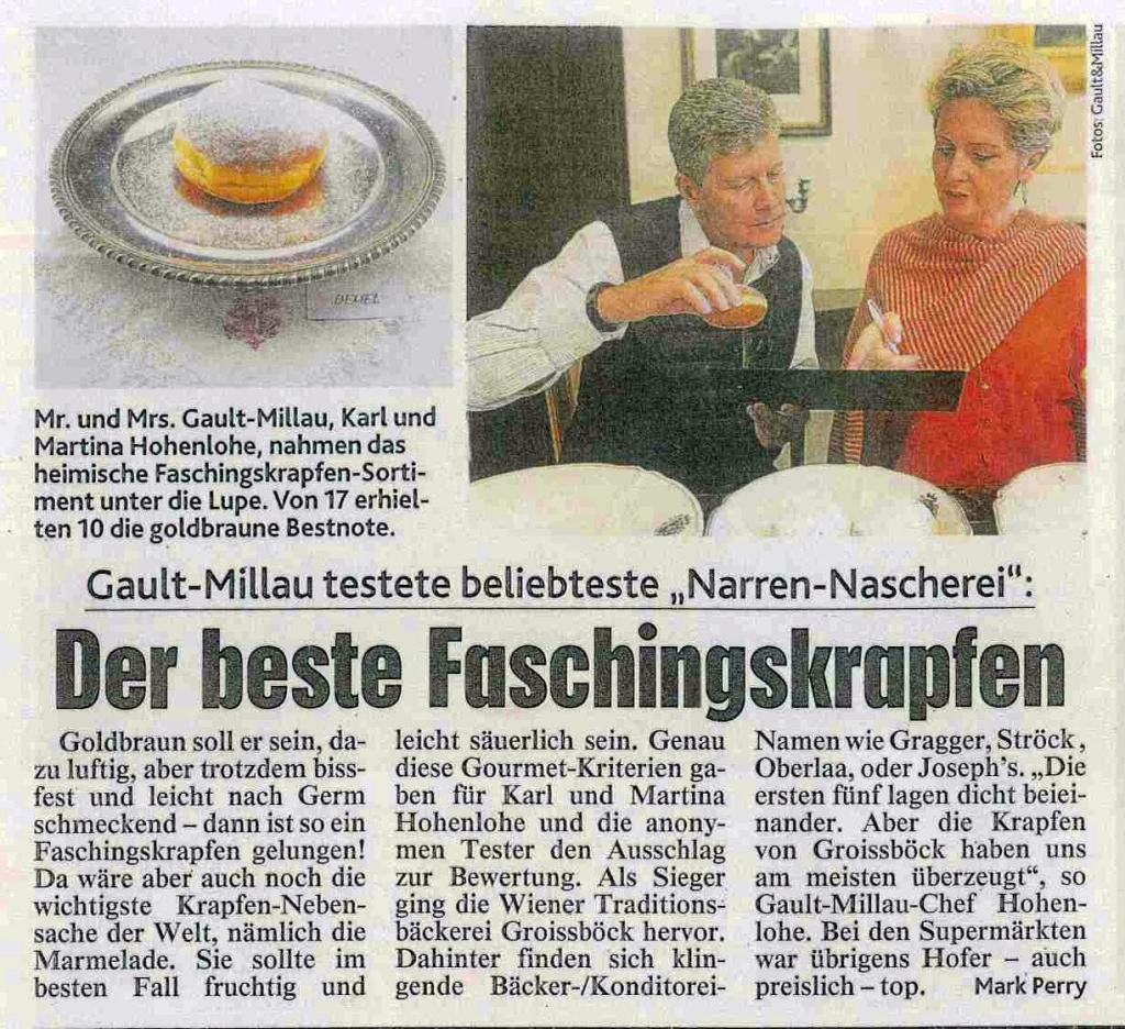 Gault-Millau Faschingskrapfen 2020 Zeitungsausschnitt